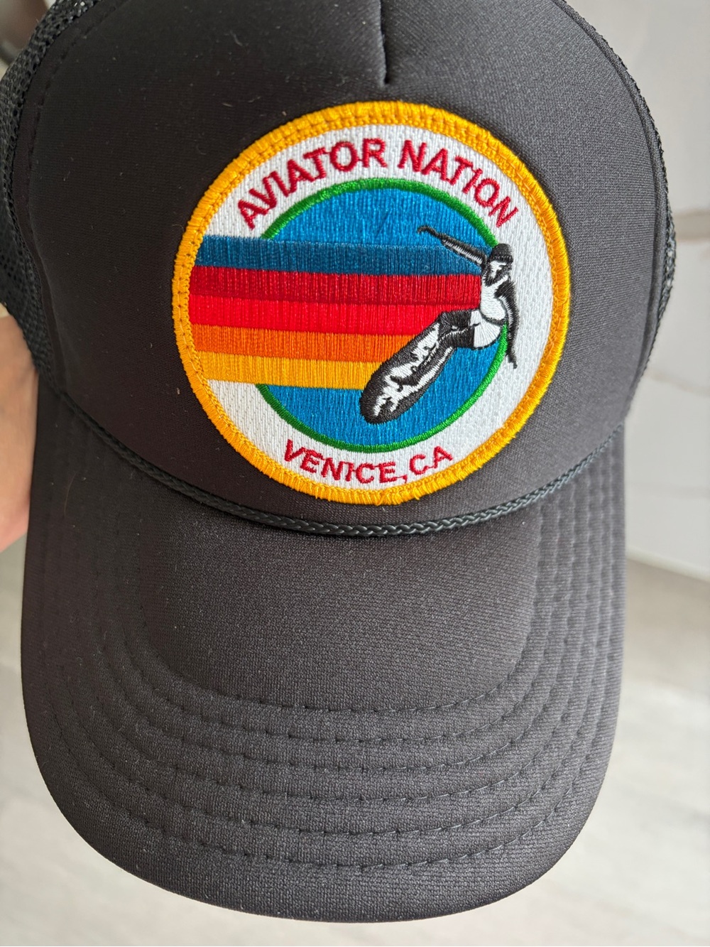 Aviator Nation Black Mesh Trucker Hat with Colorful Retro Patch - Picture 2 of 5